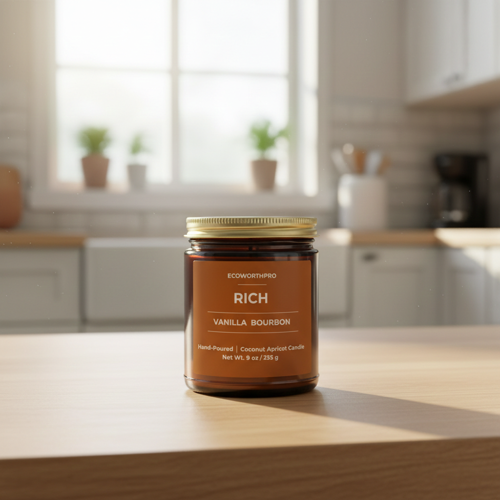 ECOWORTHPRO RICH premium Vanilla Bourbon scented candle on a kitchen worktop, long-burning coconut apricot wax candle with smooth bourbon fragrance in reusable glass jar