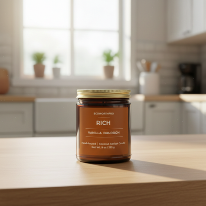 ECOWORTHPRO RICH premium Vanilla Bourbon scented candle on a kitchen worktop, long-burning coconut apricot wax candle with smooth bourbon fragrance in reusable glass jar