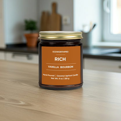 ECOWORTHPRO RICH luxury vanilla bean scented candle displayed on a kitchen worktop, hand-poured coconut apricot wax dessert fragrance candle in reusable glass jar