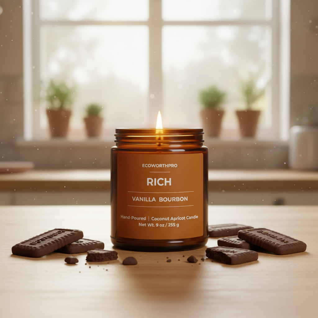 ECOWORTHPRO RICH Vanilla Bourbon candle burning on a kitchen worktop beside bourbon biscuits, indulgent buttercream and vanilla scented candle for cozy evenings