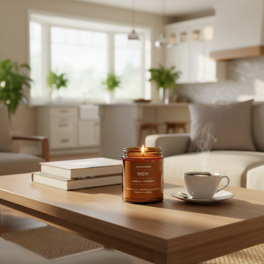 ECOWORTHPRO RICH Vanilla Bourbon scented candle burning on a living room centre table beside books and a cup of tea, luxury vanilla bean and bourbon coconut apricot wax candle