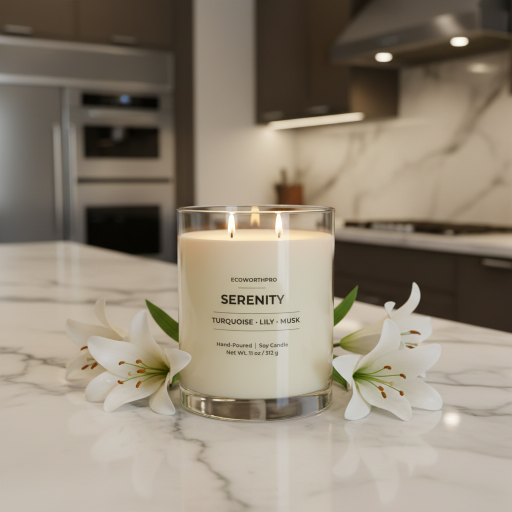 ECOWORTHPRO SERENITY natural wax candle lit in a reusable clear jar with a premium double wick and surrounded by open white lily flowers
