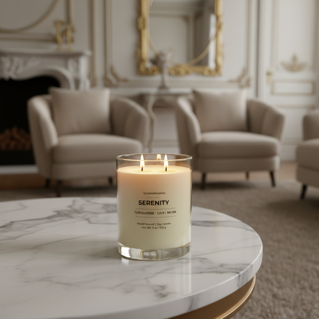 ECOWORTHPRO SERENITY natural wax candle lit in a reusable clear jar with a premium double wick 90 hour burn