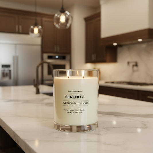 ECOWORTHPRO SERENITY luxury spa scent double wick 90 hour burn candle in a reusable clear glass jar burning cleanly with a warm glow on an elegant marble kitchen table
