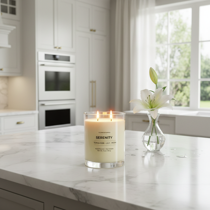 ECOWORTHPRO SERENITY paraffin-free Turquoise Lily and Musk soy candle wax lit in a luxury clear reusable jar on a kitchen worktop
