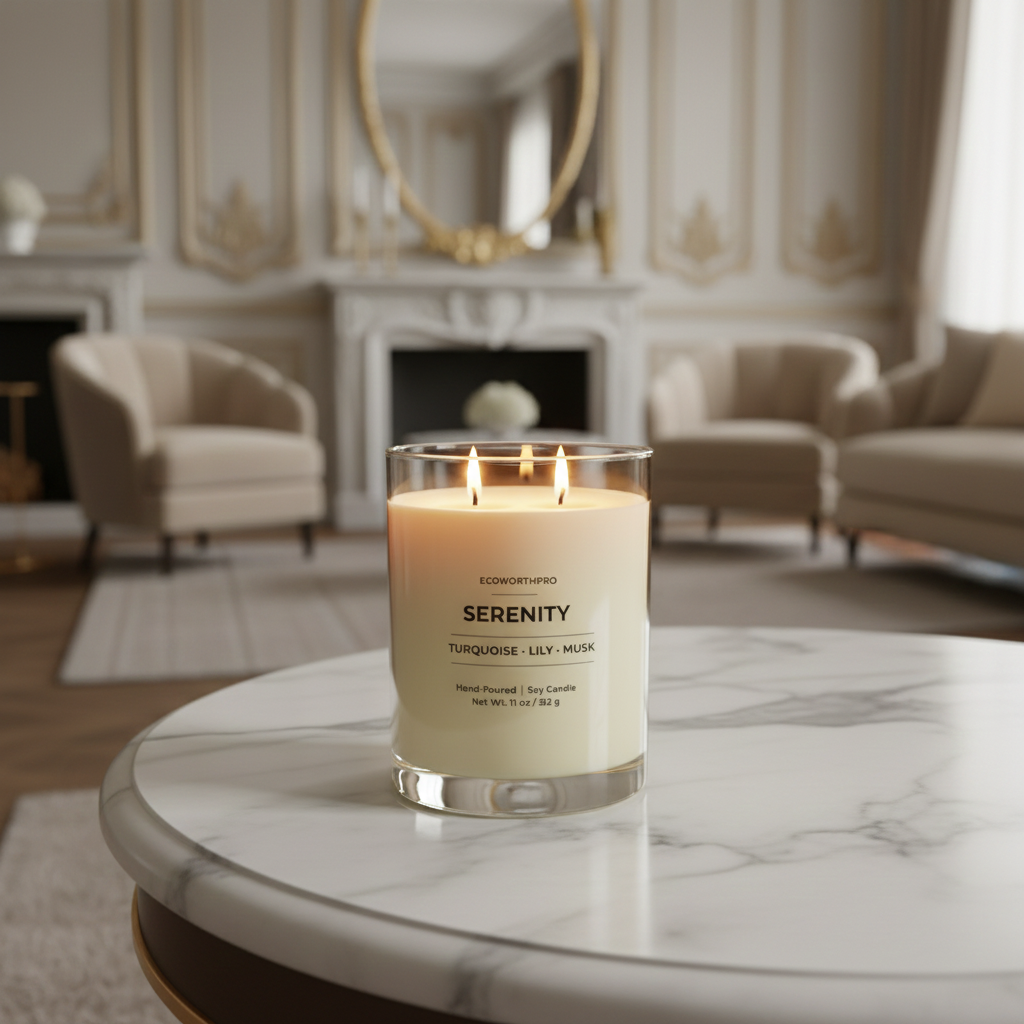 ECOWORTHPRO SERENITY paraffin-free Turquoise Lily and Musk soy candle wax 90 hour burn in a luxury clear reusable jar on a living room table