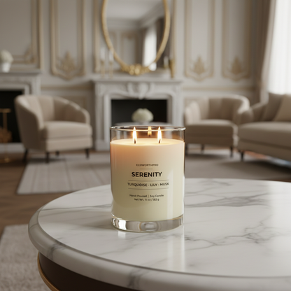 ECOWORTHPRO SERENITY paraffin-free Turquoise Lily and Musk soy candle wax 90 hour burn in a luxury clear reusable jar on a living room table