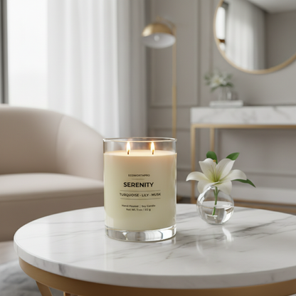 ECOWORTHPRO SERENITY vegan summer spa candle in a premium reusable clear jar unlit and surrounded by white lilies on a living room table
