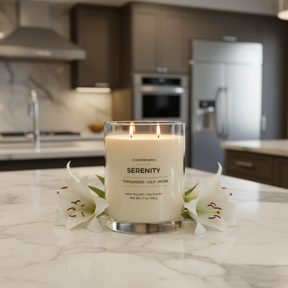 ECOWORTHPRO SERENITY refreshing Turquoise Lily and Musk two cotton wick reusable clear glass jar candle burning evenly on a kitchen worktop