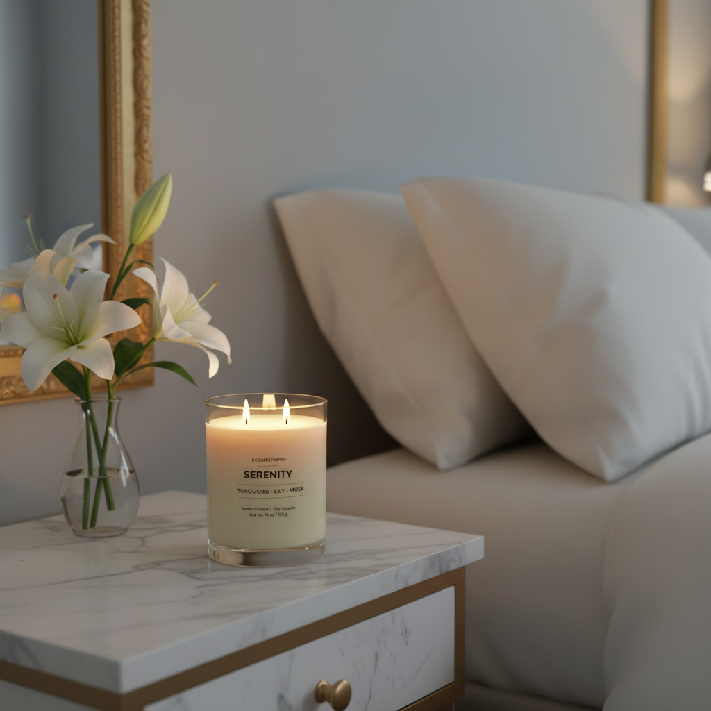 ECOWORTHPRO SERENITY clean formulation luxury clear candle with two cotton wicks burning beautifully without soot for up to 90 hours
