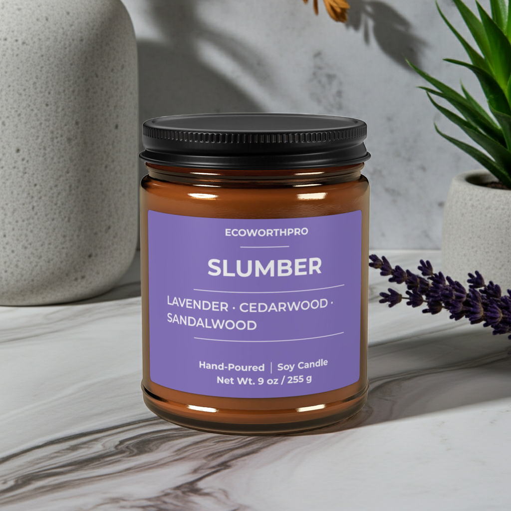 ECOWORTHPRO SLUMBER cedarwood and sandalwood candle burning on a bedroom side table with fresh lavender beside an empty bed, soothing spa-inspired soy wax candle
