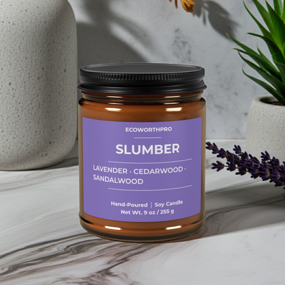 ECOWORTHPRO SLUMBER cedarwood and sandalwood candle burning on a bedroom side table with fresh lavender beside an empty bed, soothing spa-inspired soy wax candle
