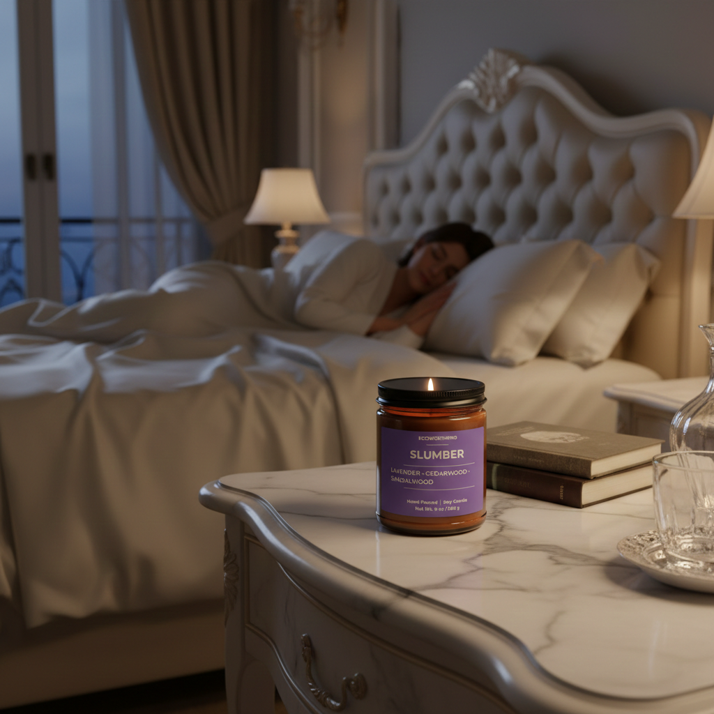 ECOWORTHPRO SLUMBER cedarwood scented candle on a white marble table, premium natural soy wax relaxation candle in reusable glass jar