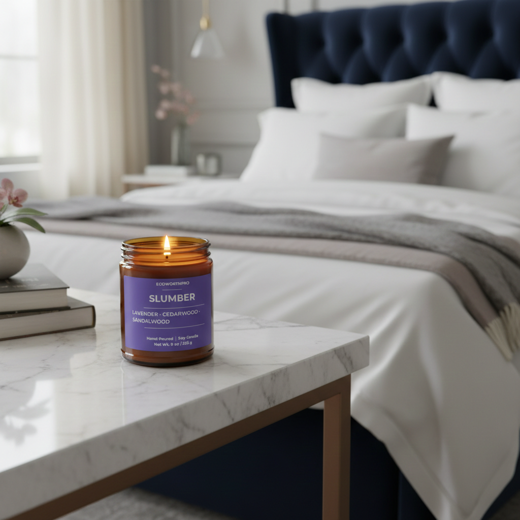 ECOWORTHPRO SLUMBER chamomile scented candle on a white marble table, hand-poured natural soy wax candle for peaceful evening rituals