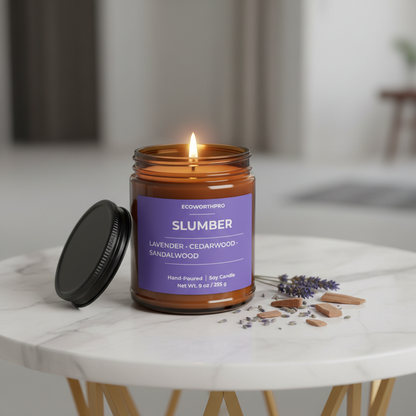 ECOWORTHPRO SLUMBER lavender and cedarwood candle on a white marble table with fresh lavender and natural wood accents, luxury sleep soy wax candle