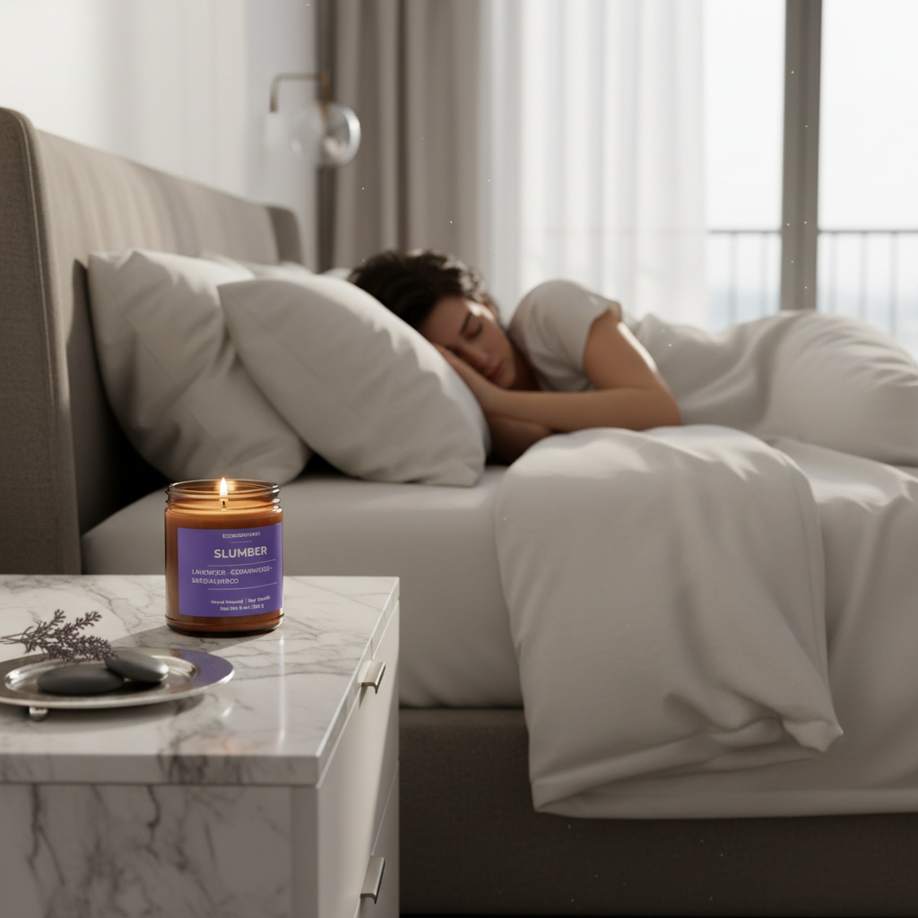 ECOWORTHPRO SLUMBER lavender and chamomile sleep candle burning on a bedroom side table with lavender stems and a person sleeping in the background, calming bedtime soy candle
