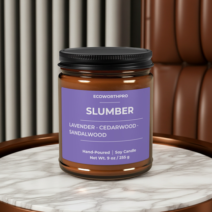 ECOWORTHPRO SLUMBER lavender soy wax candle displayed on a white marble table, luxury hand-poured sleep candle with calming floral fragrance