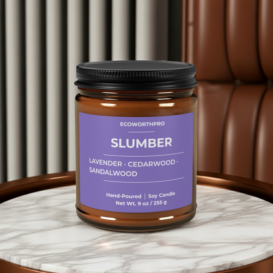 ECOWORTHPRO SLUMBER lavender soy wax candle displayed on a white marble table, luxury hand-poured sleep candle with calming floral fragrance