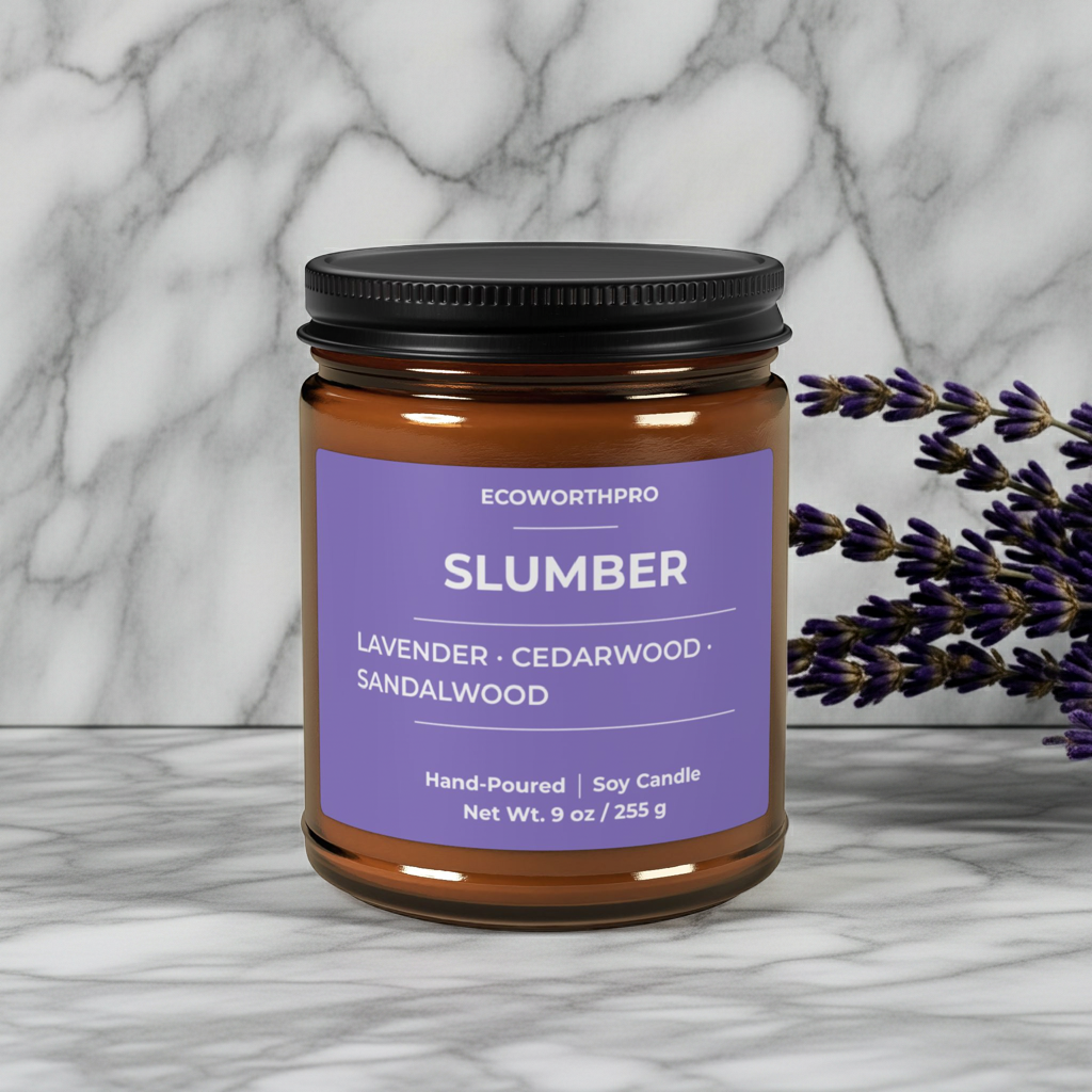 ECOWORTHPRO SLUMBER sage and lavender scented candle displayed on a white marble table, long-burning natural soy wax candle for rest and relaxation