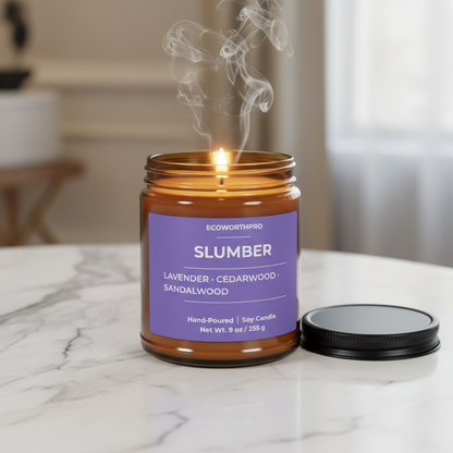 ECOWORTHPRO SLUMBER sandalwood and camphor candle burning on a white marble table, premium hand-poured soy wax bedtime candle with relaxing fragrance