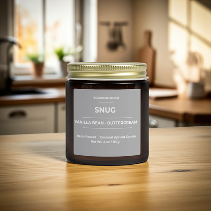 ECOWORTHPRO SNUG bourbon vanilla mini candle on a bright kitchen worktop, clean-burning coconut apricot wax luxury candle in reusable glass jar
