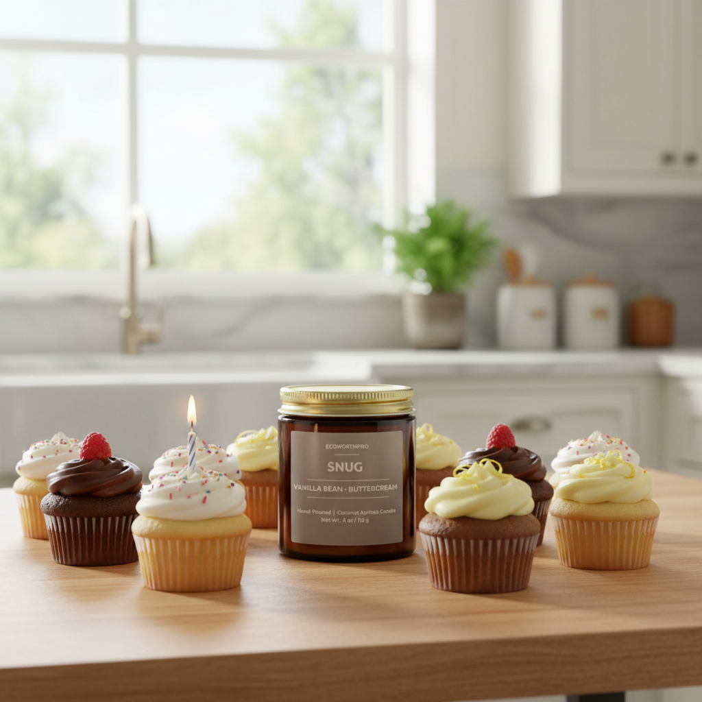 ECOWORTHPRO SNUG buttercream scented mini candle displayed with frosted cupcakes on a bright kitchen counter, hand-poured vanilla dessert candle in reusable glass jar