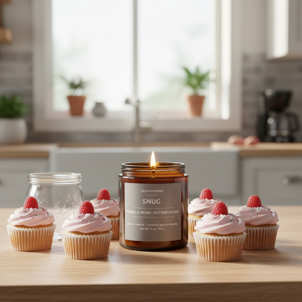 ECOWORTHPRO SNUG buttercream and raspberry scented mini candle burning beside pink buttercream cupcakes topped with raspberries on a bright kitchen worktop
