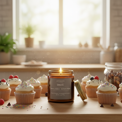 ECOWORTHPRO SNUG vanilla bean and buttercream scented mini candle burning beside cream-topped cupcakes with sprinkles on a bright kitchen worktop, cozy luxury dessert candle