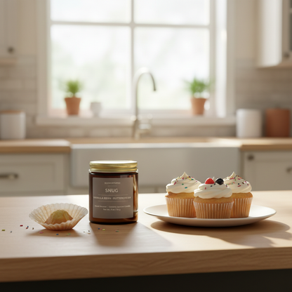 ECOWORTHPRO SNUG vanilla and bourbon scented mini candle beside a half-eaten cupcake on a bright kitchen worktop, cozy dessert fragrance candle