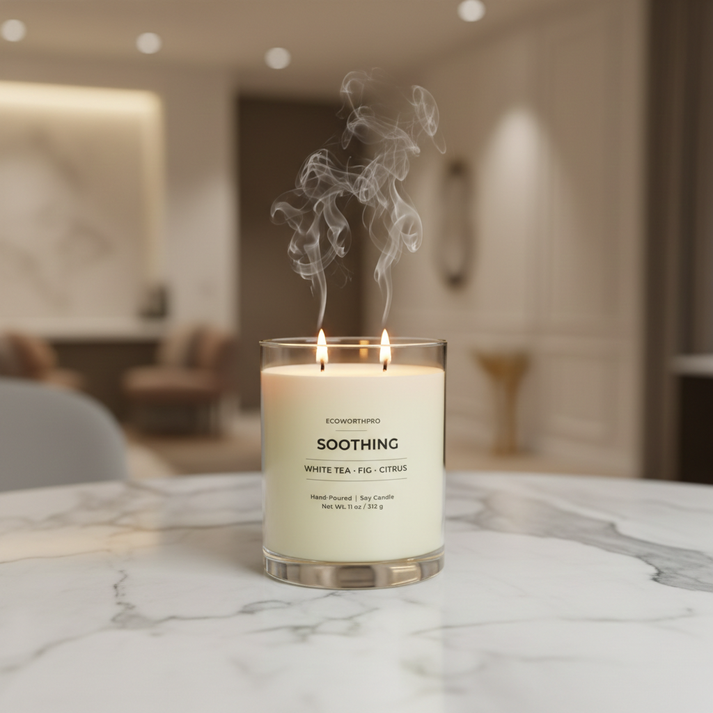 ECOWORTHPRO SOOTHING White Tea Fig and Citrus two cotton wick non-toxic candle lit in a luxury reusable clear glass jar on a marble kitchen worktop