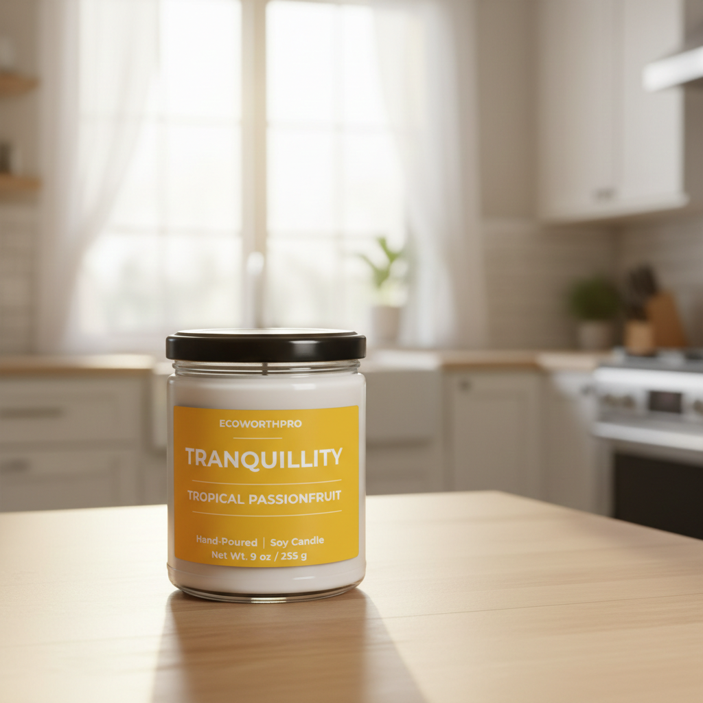 ECOWORTHPRO TRANQUILLITY tropical passionfruit eco-friendly soy candle in reusable glass jar