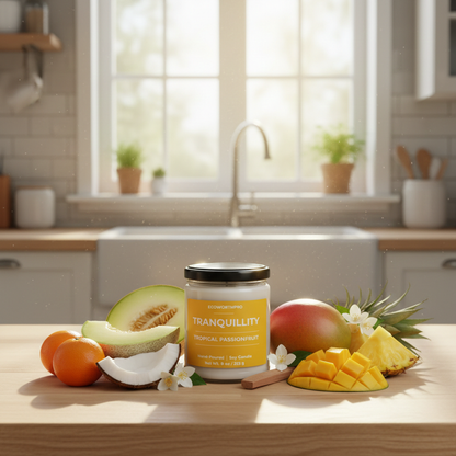 ECOWORTHPRO TRANQUILLITY tropical passionfruit fruit candle with orange pineapple mango melon coconut cream and jasmine botanicals