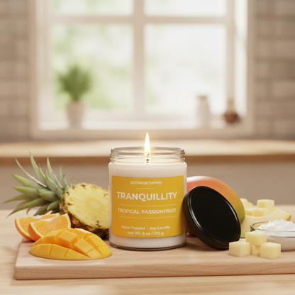 ECOWORTHPRO TRANQUILLITY tropical passionfruit fruit scented candle burning beside orange pineapple mango melon coconut and jasmine