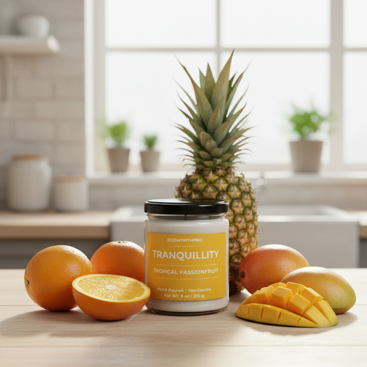 ECOWORTHPRO TRANQUILLITY tropical passionfruit fruit scented soy candle surrounded by orange pineapple mango melon coconut and jasmine