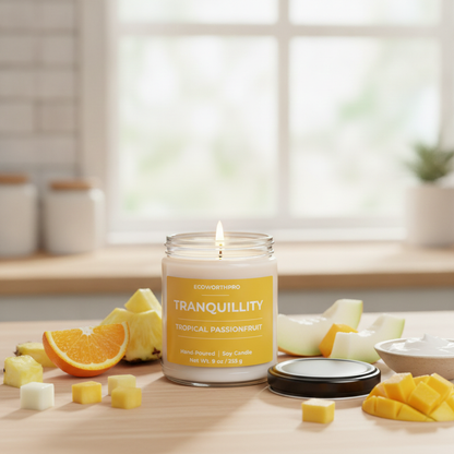ECOWORTHPRO TRANQUILLITY tropical passionfruit long-burning soy wax fruit candle surrounded by tropical fruits coconut and jasmine