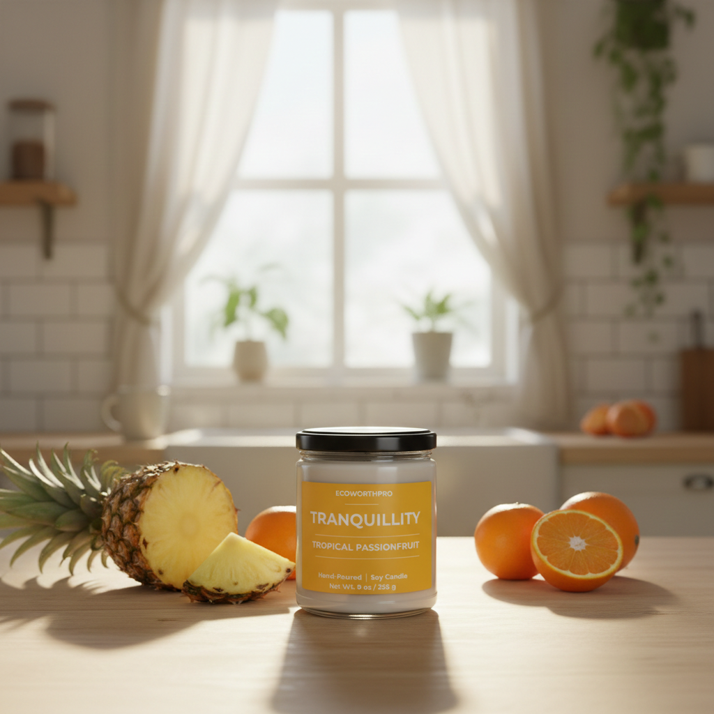 ECOWORTHPRO TRANQUILLITY tropical passionfruit soy wax candle surrounded by tropical fruits and jasmine with sandalwood accents