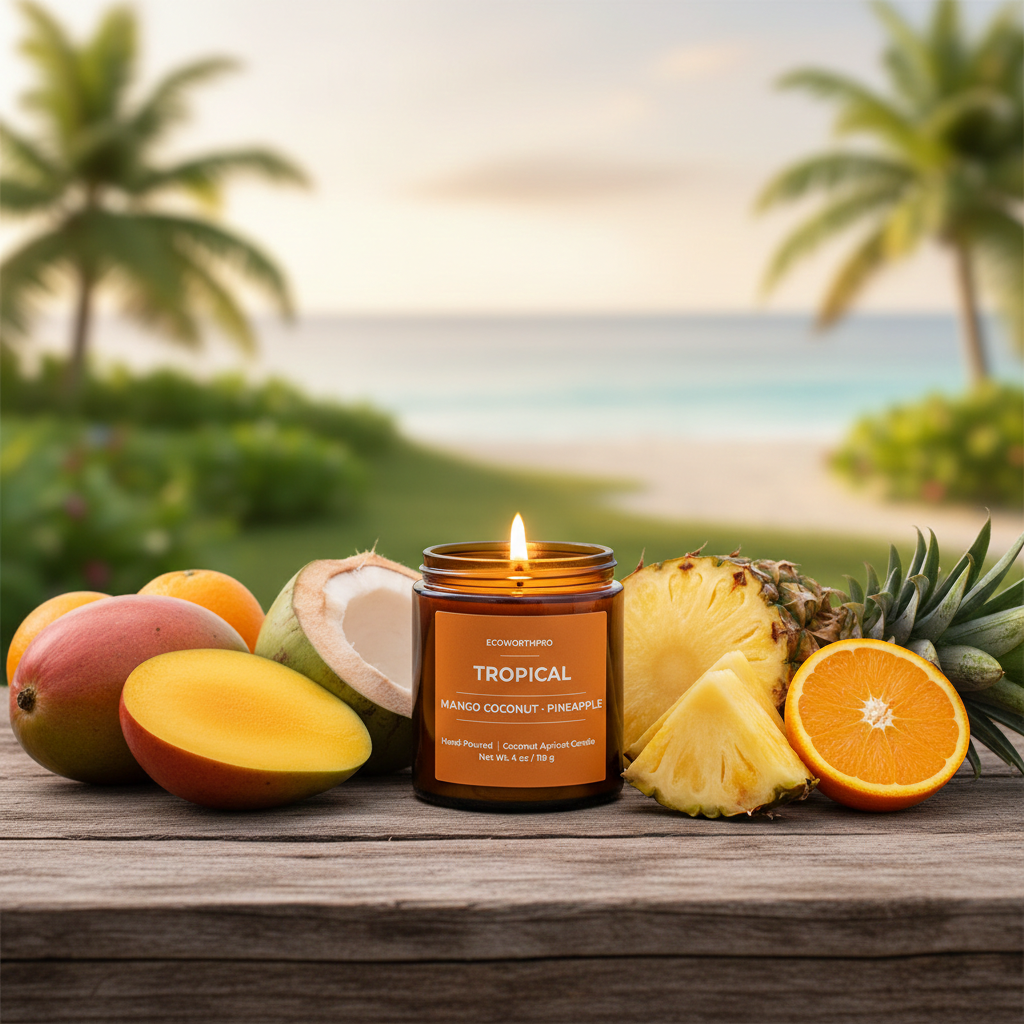 ECOWORTHPRO TROPICAL mango coconut and pineapple coconut apricot wax candle burning with palm trees and tropical fruits