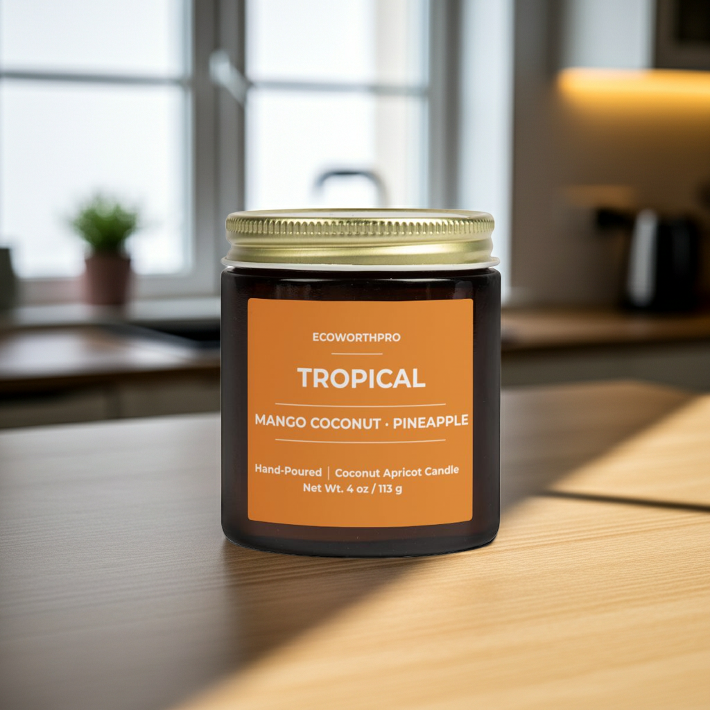 ECOWORTHPRO TROPICAL mango coconut and pineapple eco-friendly candle displayed on kitchen worktop