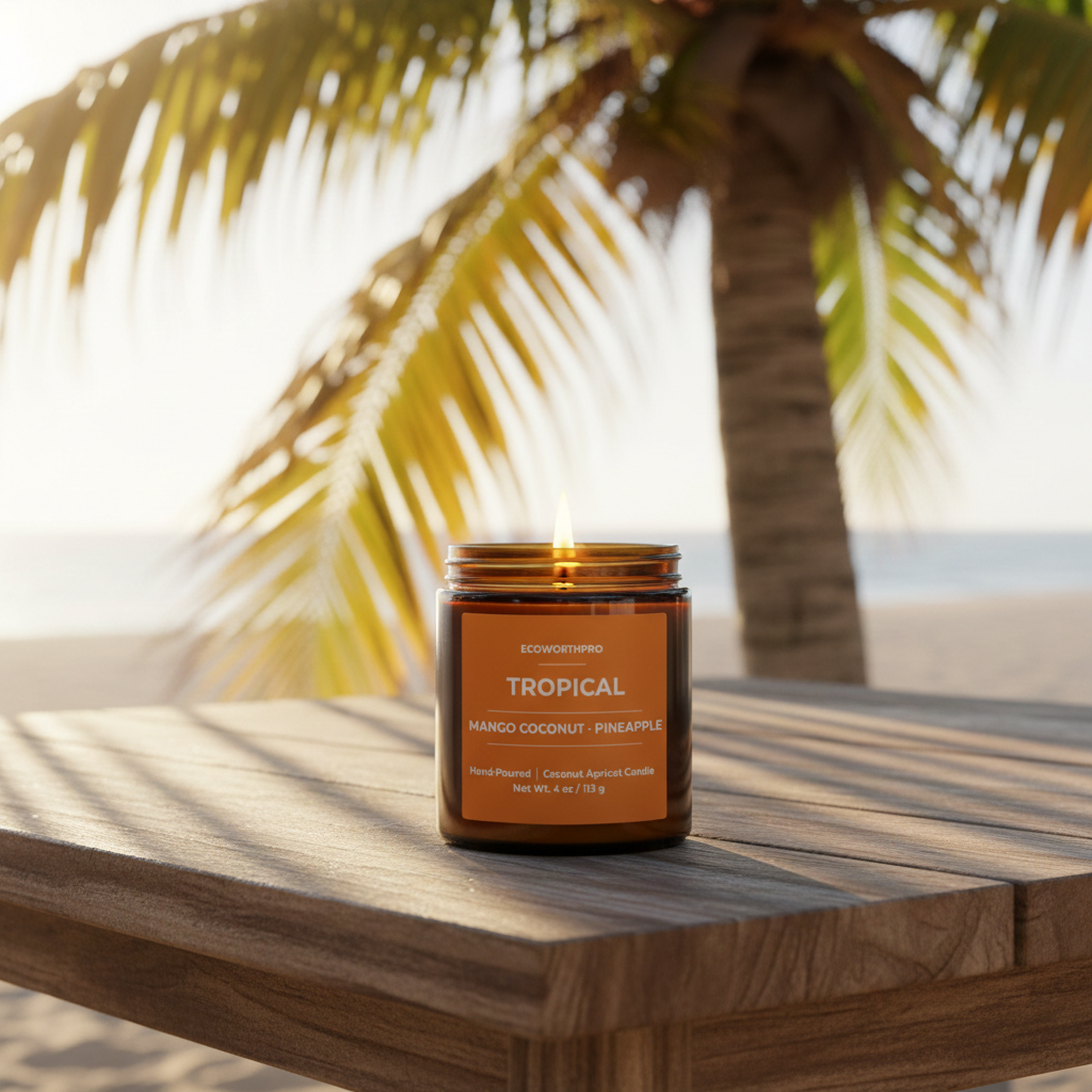 ECOWORTHPRO TROPICAL mango coconut and pineapple hand-poured candle glowing beneath palm trees on a tropical island