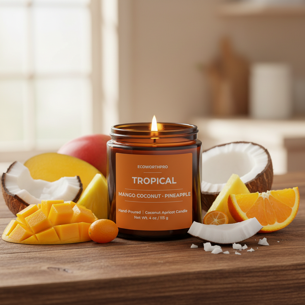 ECOWORTHPRO TROPICAL mango coconut and pineapple natural coconut apricot wax candle surrounded by mango pineapple coconut and orange on kitchen worktop