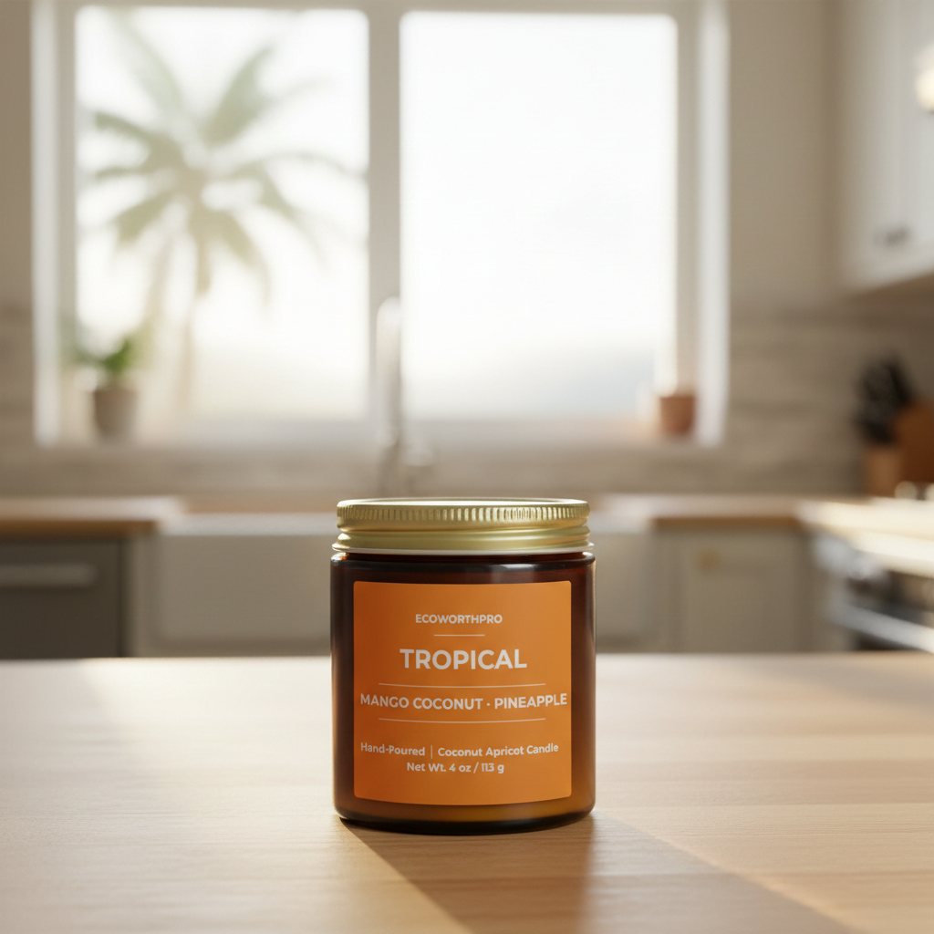 ECOWORTHPRO TROPICAL mango coconut and pineapple reusable glass jar candle on kitchen worktop