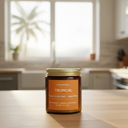 ECOWORTHPRO TROPICAL mango coconut and pineapple reusable glass jar candle on kitchen worktop