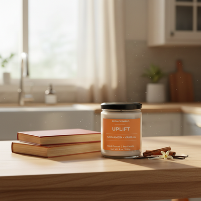 ECOWORTHPRO UPLIFT cinnamon and vanilla candle surrounded by vanilla pods and books on kitchen worktop