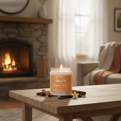 ECOWORTHPRO UPLIFT cinnamon and vanilla hand-poured soy candle burning beside cozy blankets and a fireplace