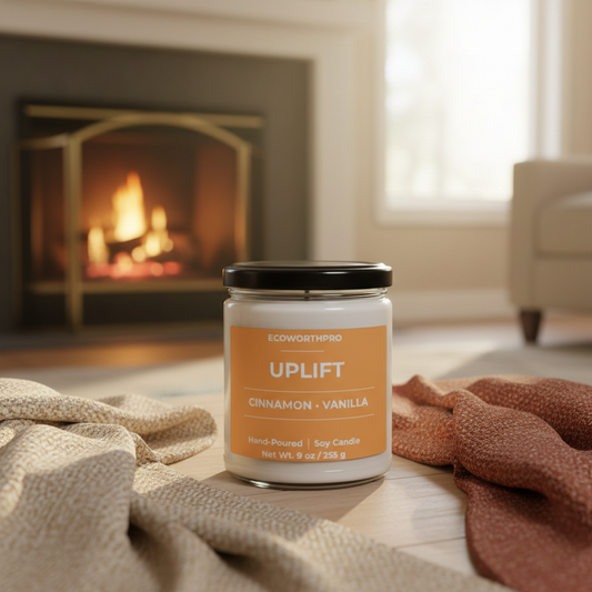 ECOWORTHPRO UPLIFT cinnamon and vanilla large soy candle with cozy blankets beside a lit fireplace in a living room