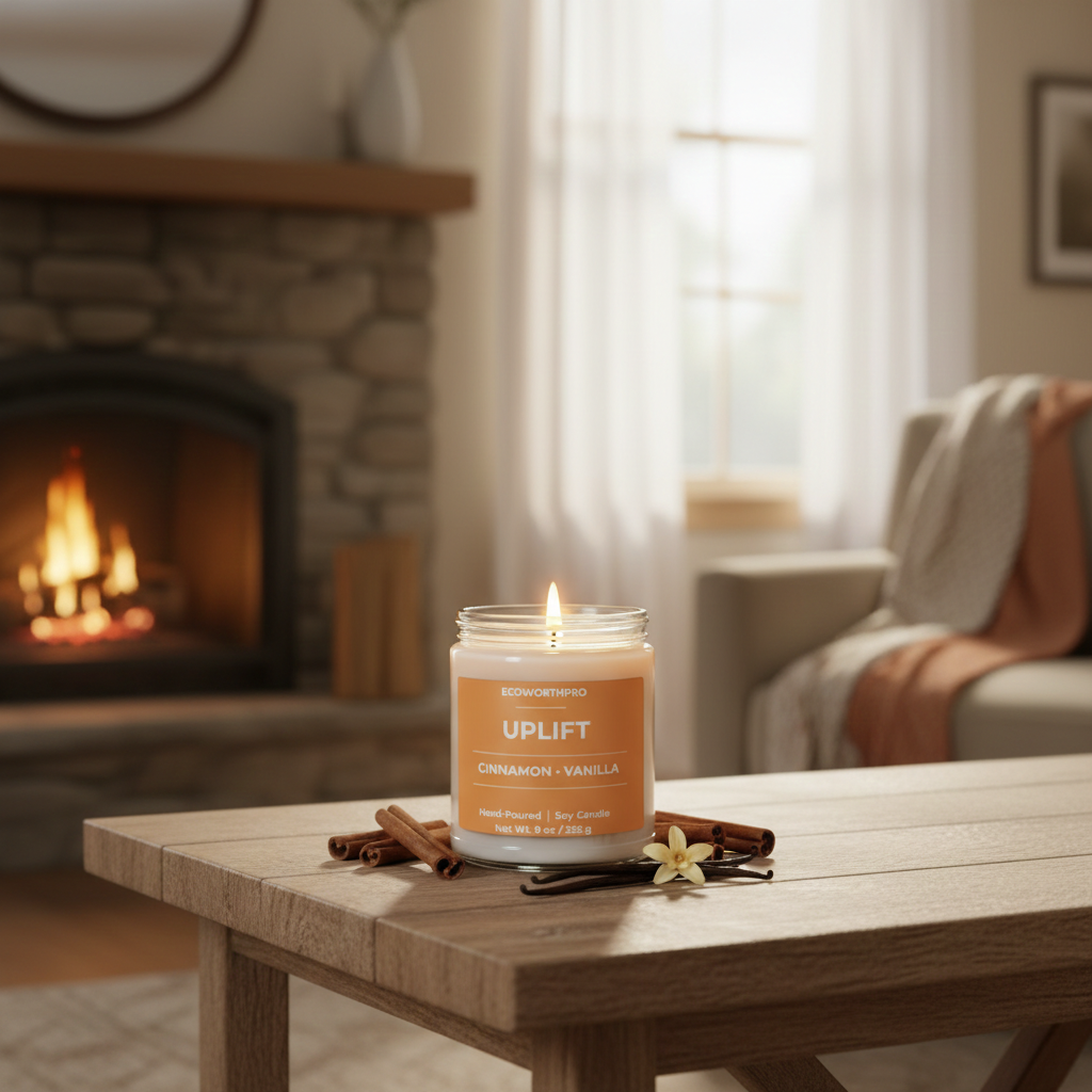 ECOWORTHPRO UPLIFT cinnamon and vanilla long-burning soy candle with cinnamon sticks and vanilla pods in a cozy living room