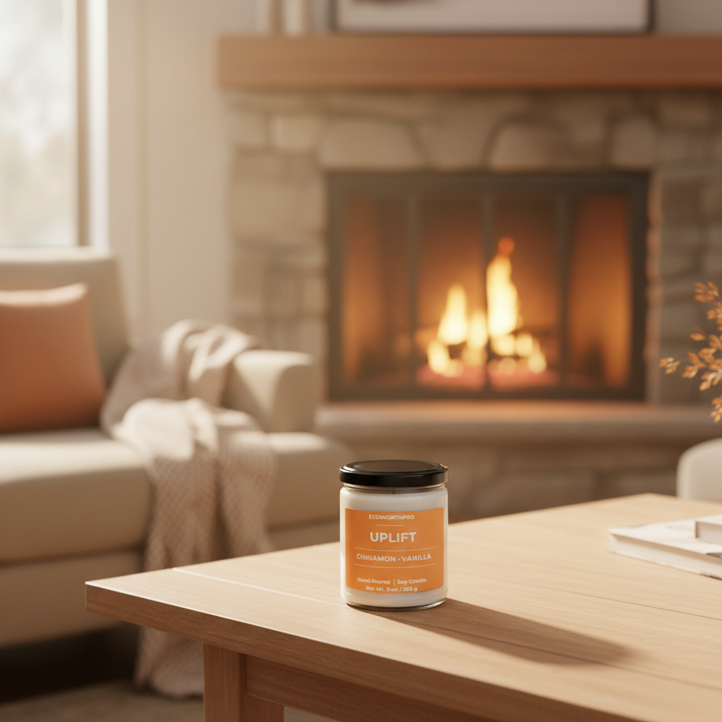 ECOWORTHPRO UPLIFT cinnamon and vanilla natural soy wax candle near a fireplace