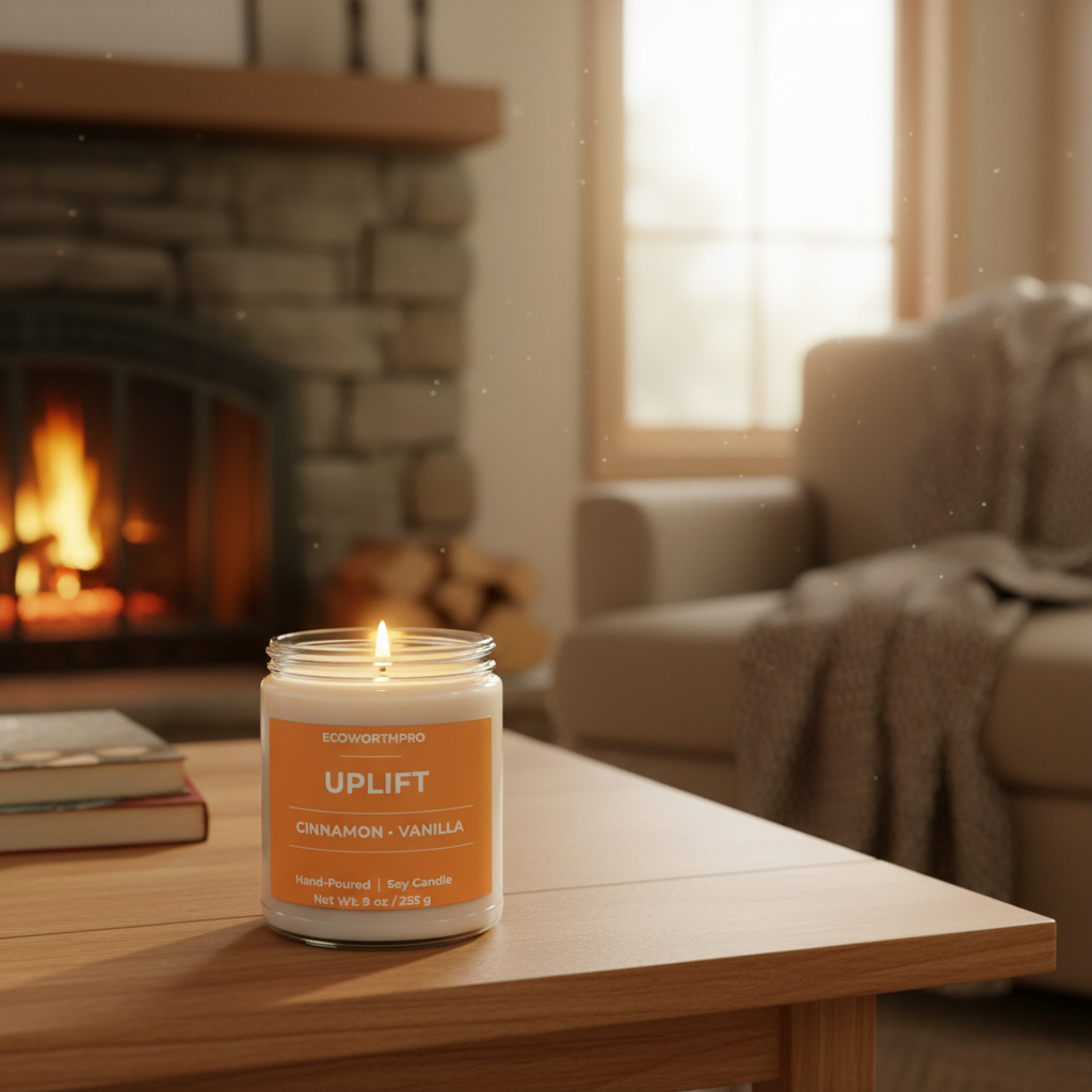 ECOWORTHPRO UPLIFT cinnamon and vanilla scented soy candle creating a warm winter atmosphere with blankets and fireplace