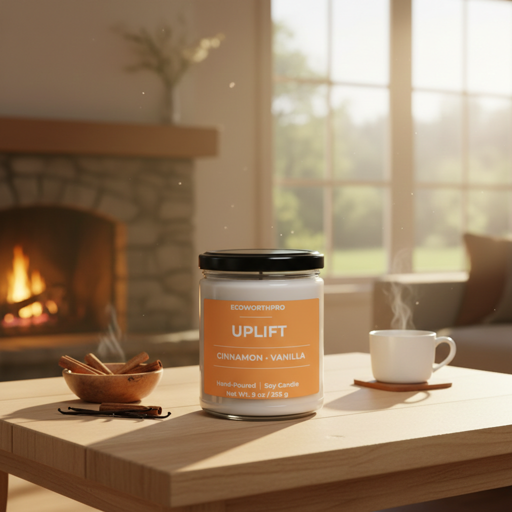 ECOWORTHPRO UPLIFT winter scented candle in reusable glass jar with books and warm drinks in a cozy living room