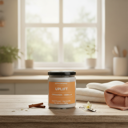 ECOWORTHPRO UPLIFT winter scented candle in reusable glass jar with blankets on kitchen worktop